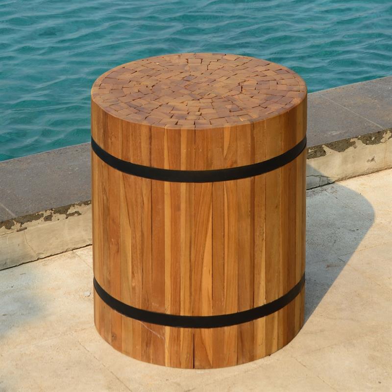 Teak pedestal round "small" made of recycled teak strips strapped with iron bands