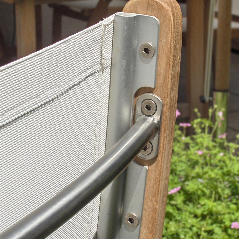 Rivera high back chair set 300 consisting of Denver double extendable table 300/260/220x110 and Rivera high back chairs teak with Batyline and stainless steel fittings