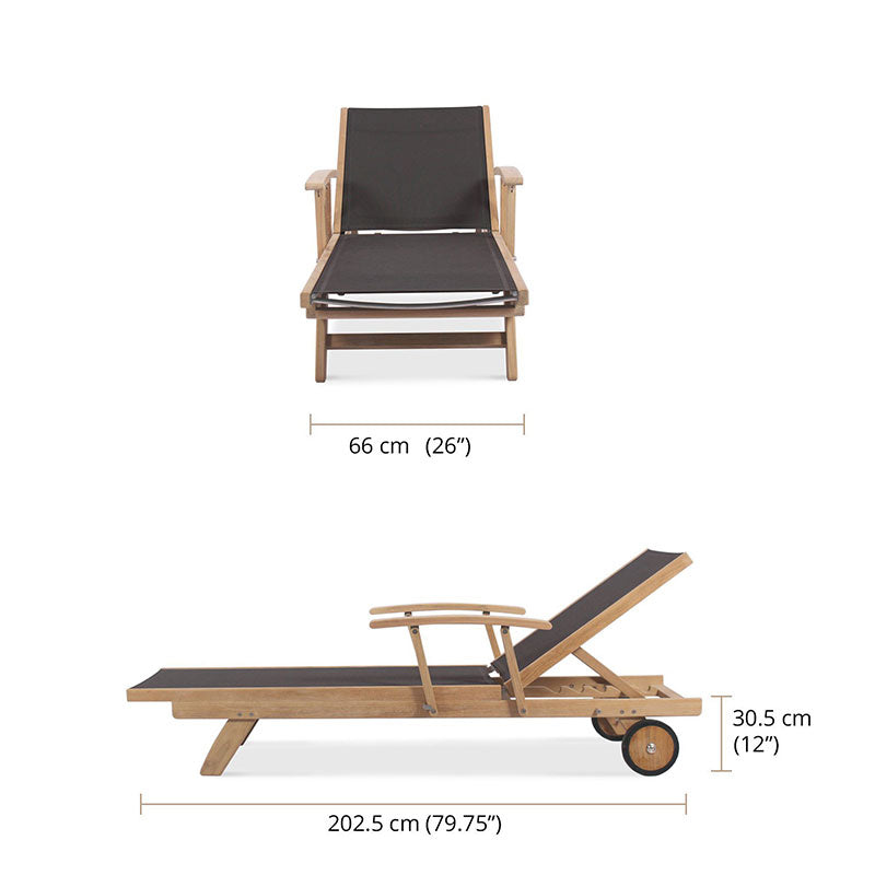 Rivera Liege flach mit Armlehnen - Teak GRADE A + Batyline + Edelstahlbeschläge