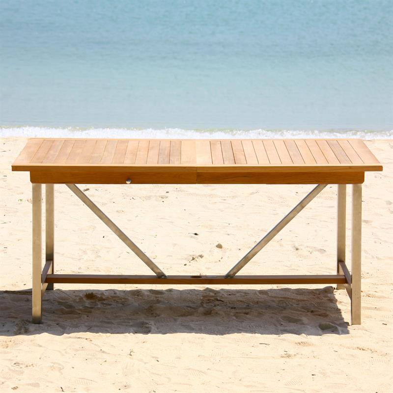 Moselle Ausziehtisch-Set 220 bestehend aus Moselle Ausziehtisch 220/160 x 100 und Moselle Stapelstühlen aus Teak mit Edelstahl