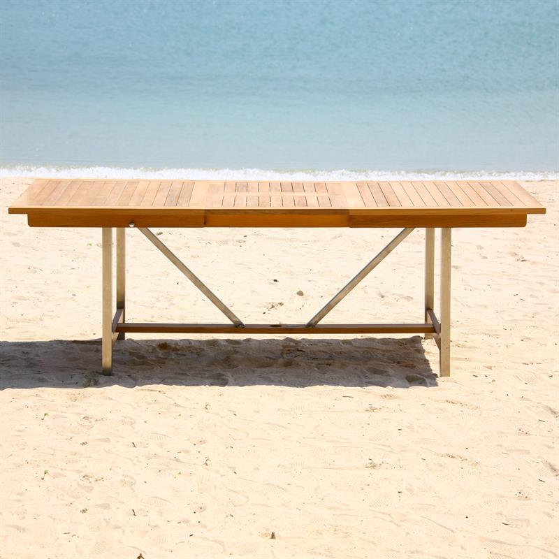 Moselle Ausziehtisch-Set 220 bestehend aus Moselle Ausziehtisch 220/160 x 100 und Moselle Stapelstühlen aus Teak mit Edelstahl