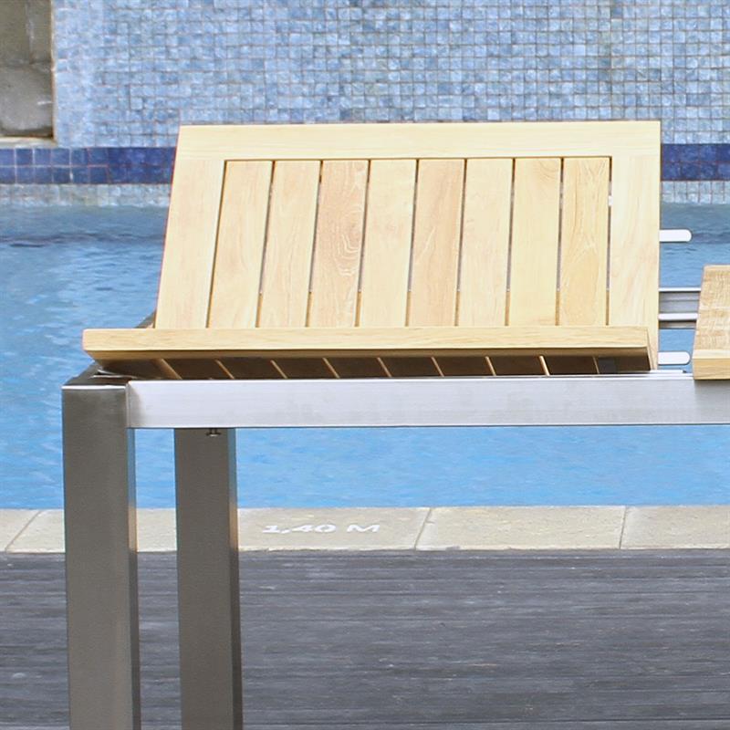 Moselle Frontausziehtisch Set 230 bestehend aus Florence Frontausziehtisch 230/160 x 100 x 77 cm Teak mit Edelstahlgestell und Moselle Stapelstuhl Teak mit Edelstahl