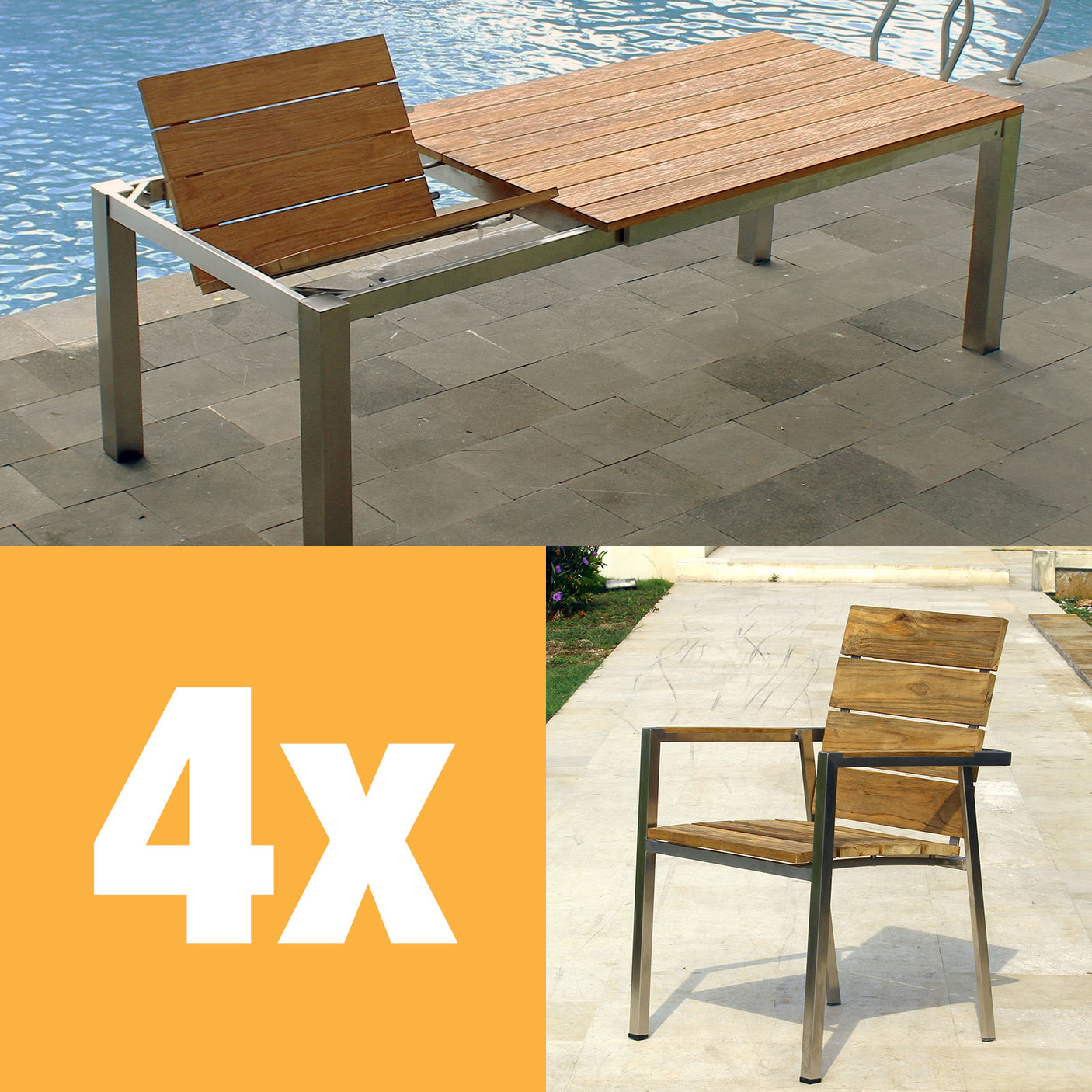 Ensemble de table à rallonge frontale Zilart 230 Vintage composé d'une table à rallonge frontale Zilart 230/160 x 100 et de chaises empilables Zilart