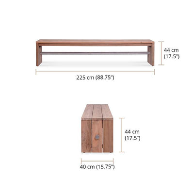 Banc de jardin Clio sans dossier 225 cm teck brossé recyclé et inox