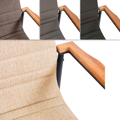 Ruby stacking chair with upholstery and teak armrests, powder-coated aluminum, weatherproof upholstery