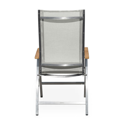 Chaise Alzette en inox avec dossier haut en Batyline et accoudoir en teck