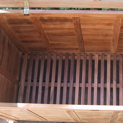 Gartentruhe mit geschwungenem Deckel groß 123 cm Teak mit Messingbeschlägen