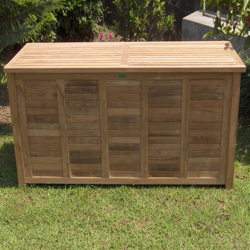 Gartentruhe mit wasserabweisendem Deckel groß 123 cm Teak mit Messingbeschlägen