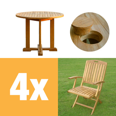 Denver Set 80 consisting of Denver Round Table 80 and 4 Denver Folding Chairs with Armrests Teak with Brass Fittings