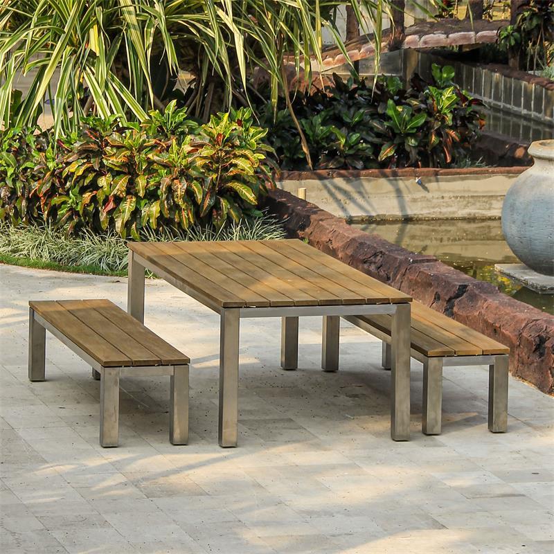 Zilart Bank Set Teak Natur 210/2 bestehend aus Esstisch 210 x 100 und 2 Gartenbänke ohne Rückenlehne 190x45