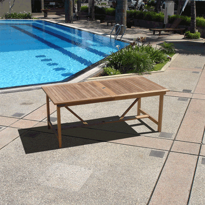Nivelle extendable table set 280 consisting of Moselle double extendable table 280/235/190x100 teak with stainless steel frame and Nivelle stacking chairs with armrest teak with stainless steel