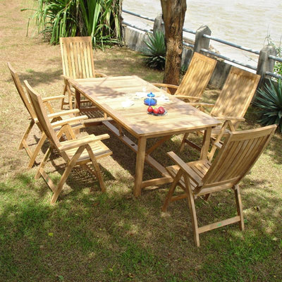 Elegance Recliner Set 280 consisting of Elegance double extension table 280/235/190x100 and Elegance high back chairs teak with brass fittings