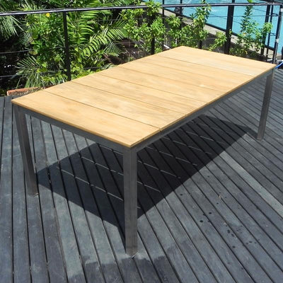 Fides Bank Set 200/2/2 Teak Grade A mit Edelstahlgestell bestehend aus Fides Esstisch 200 x 100 und 2 Fides Gartenbänke ohne Rückenlehne 180 x 45 mit 2 Fides Hockern/Beistelltischen 45 x 45
