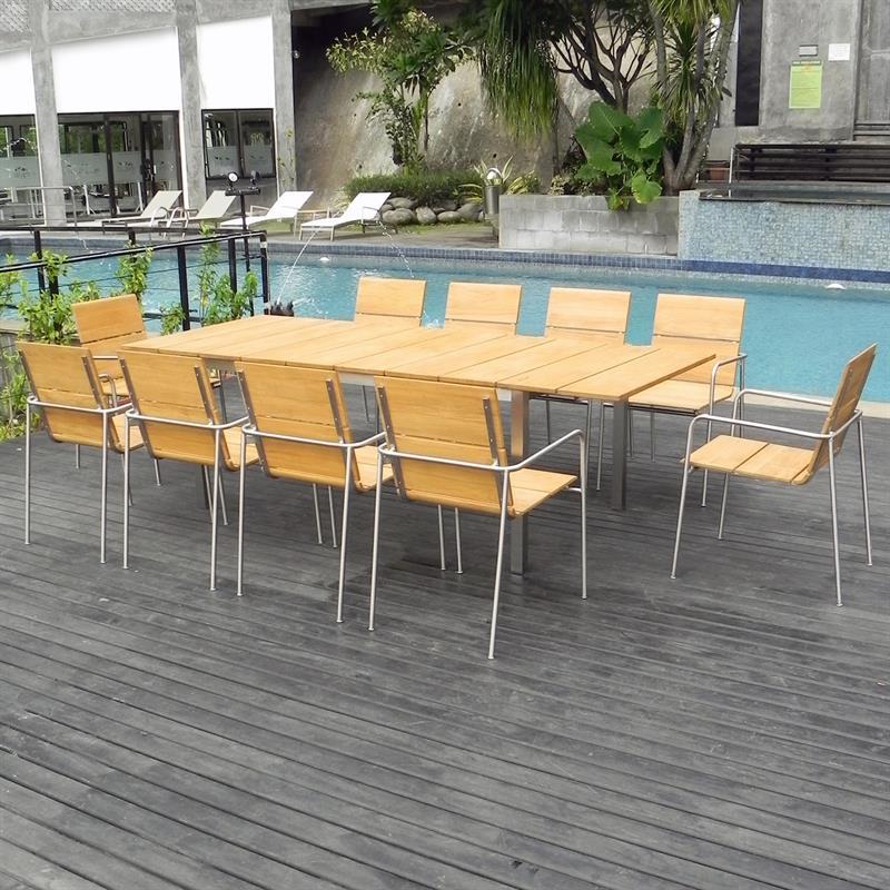 Fides Stapelstuhl Set 250 bestehend aus Fides Ausziehtisch 250/175 x 100 und Fides Stapelstühlen Teak Grade A mit Edelstahl
