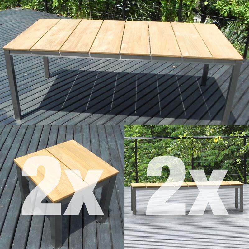 Fides Bank Set 200/2/2 Teak Grade A mit Edelstahlgestell bestehend aus Fides Esstisch 200 x 100 und 2 Fides Gartenbänke ohne Rückenlehne 180 x 45 mit 2 Fides Hockern/Beistelltischen 45 x 45