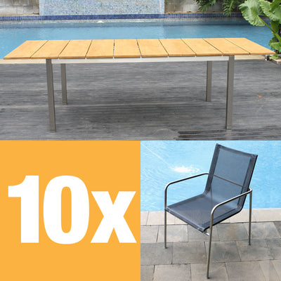 Fides Stapelstuhl Set 250 bestehend aus Fides Ausziehtisch 250/175 x 100 und Fides Stapelstühlen Edelstahl mit Batyline Bespannung