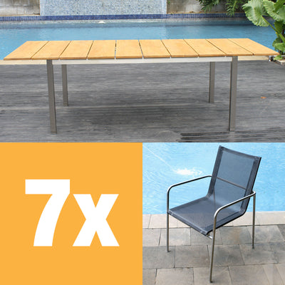 Fides Stapelstuhl Set 250 bestehend aus Fides Ausziehtisch 250/175 x 100 und Fides Stapelstühlen Edelstahl mit Batyline Bespannung