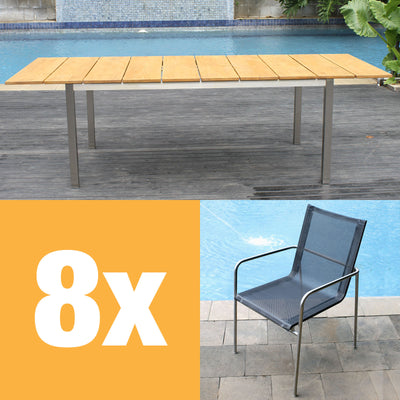 Fides Stapelstuhl Set 250 bestehend aus Fides Ausziehtisch 250/175 x 100 und Fides Stapelstühlen Edelstahl mit Batyline Bespannung