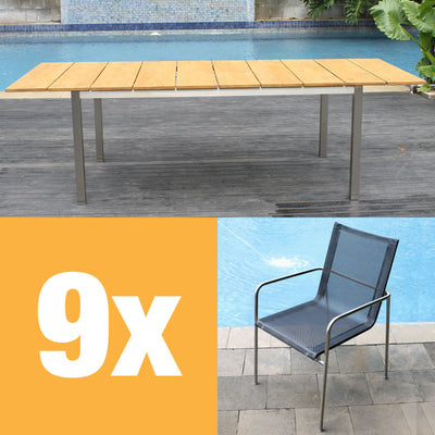 Fides Stapelstuhl Set 250 bestehend aus Fides Ausziehtisch 250/175 x 100 und Fides Stapelstühlen Edelstahl mit Batyline Bespannung
