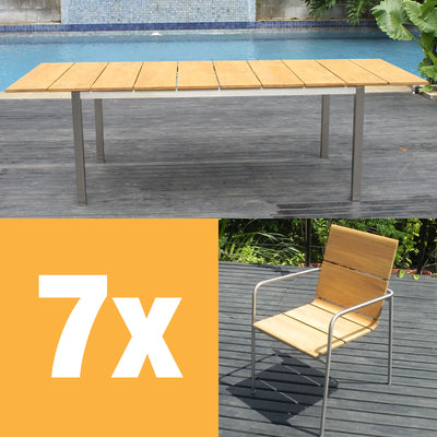 Fides Stapelstuhl Set 250 bestehend aus Fides Ausziehtisch 250/175 x 100 und Fides Stapelstühlen Teak Grade A mit Edelstahl