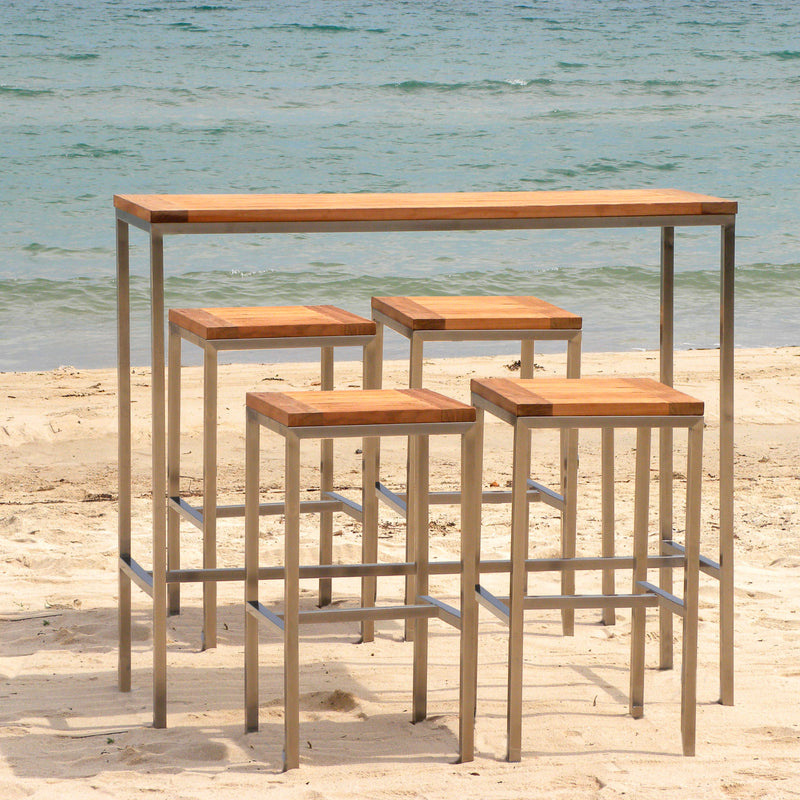 Florence Bar Set 4-0 bestehend aus Florence Bar Tisch und 4 Florence Bar Hockern aus Teak mit Edelstahlgestell