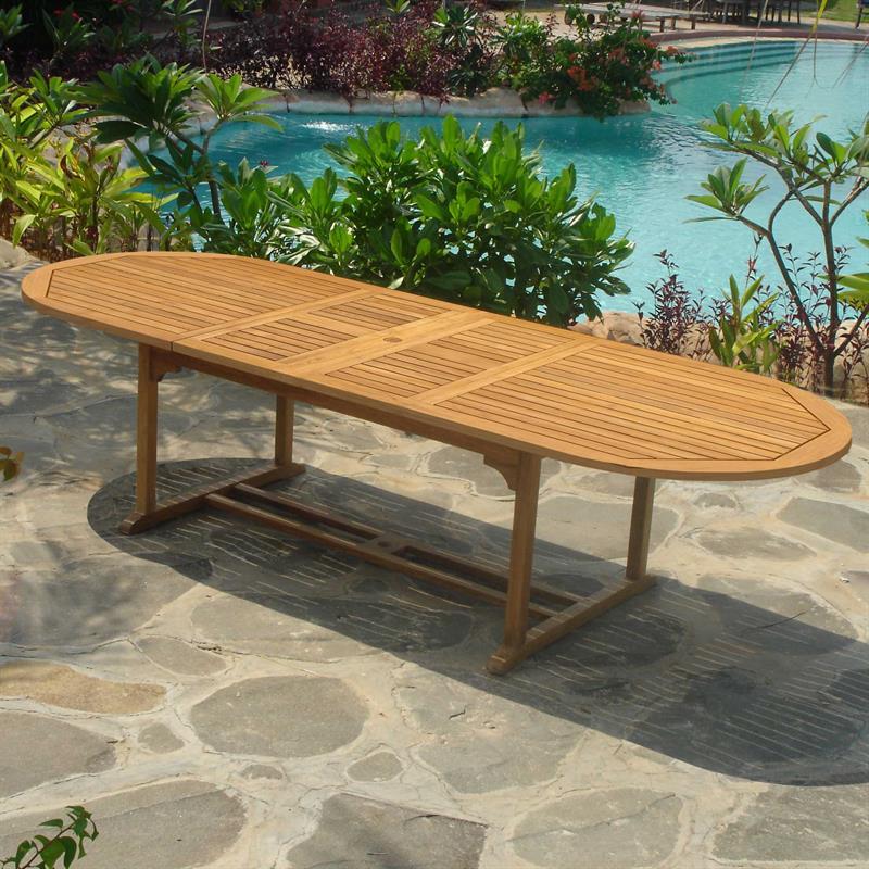 Ensemble de chaises à dossier haut Rivera 300 composé d'une table double extensible Denver 300/260/220x110 et de chaises à dossier haut Rivera en teck avec ferrures en Batyline et inox
