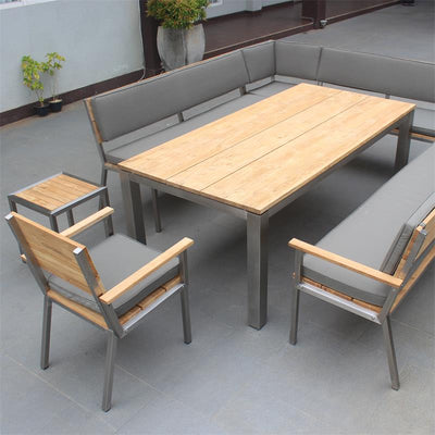 Makan Gartenbank mit Rücken- und Armlehne 192 Teak gebürstet mit Edelstahlgestell 192x63x90 cm