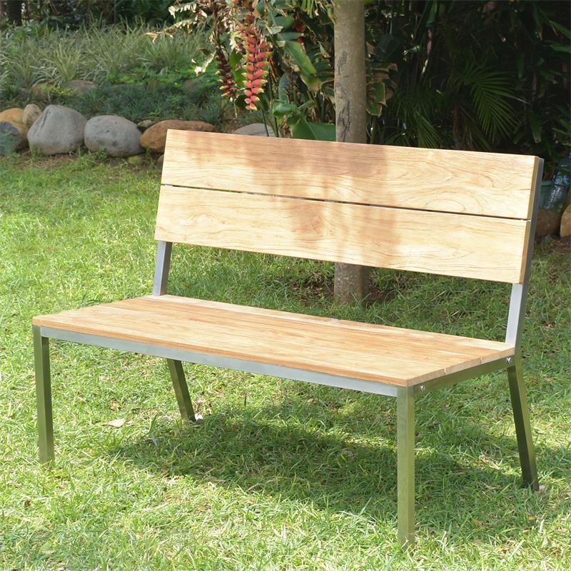 Makan Gartenbank mit Rückenlehne 122 Teak gebürstet mit Edelstahlgestell 122x63x90 cm