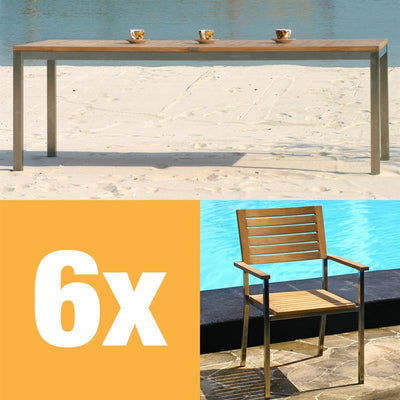 Moselle Set 210 bestehend aus Florence Esstisch 210 x 90 Teak mit Edelstahlgestell und Moselle Stapelstühlen Teak mit Edelstahl