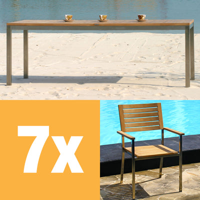 Moselle Set 210 bestehend aus Florence Esstisch 210 x 90 Teak mit Edelstahlgestell und Moselle Stapelstühlen Teak mit Edelstahl
