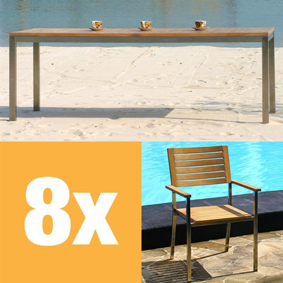 Moselle Set 210 bestehend aus Florence Esstisch 210 x 90 Teak mit Edelstahlgestell und Moselle Stapelstühlen Teak mit Edelstahl