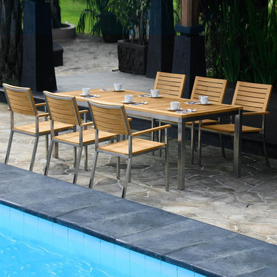 Moselle Set 210 bestehend aus Florence Esstisch 210 x 90 Teak mit Edelstahlgestell und Moselle Stapelstühlen Teak mit Edelstahl