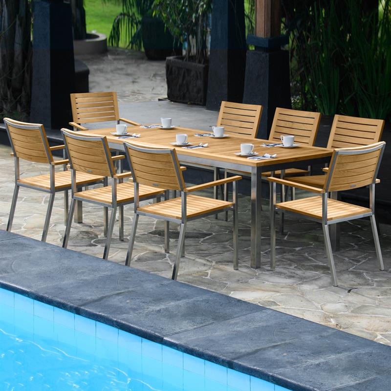 Moselle Set 210 bestehend aus Florence Esstisch 210 x 90 Teak mit Edelstahlgestell und Moselle Stapelstühlen Teak mit Edelstahl