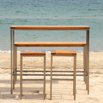 Florence Bar Set 2-1 bestehend aus Florence Bar Tisch mit 2 Florence Bar Hockern und 1 Florence Bar Bank aus Teak und Edelstahl