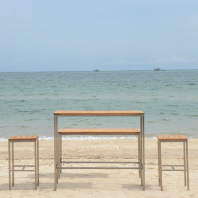 Florence Bar Set 2-1 bestehend aus Florence Bar Tisch mit 2 Florence Bar Hockern und 1 Florence Bar Bank aus Teak und Edelstahl