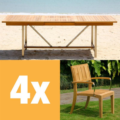 Nivelle extendable table set 220 consisting of Moselle extendable table 220/160 x 100 and Nivelle stacking chairs with armrest teak with stainless steel