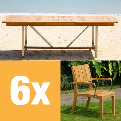 Nivelle extendable table set 220 consisting of Moselle extendable table 220/160 x 100 and Nivelle stacking chairs with armrest teak with stainless steel