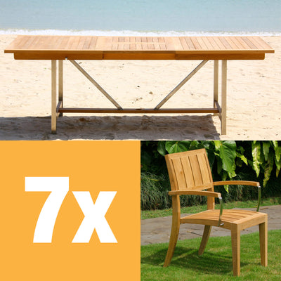 Nivelle extendable table set 220 consisting of Moselle extendable table 220/160 x 100 and Nivelle stacking chairs with armrest teak with stainless steel