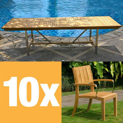 Nivelle extendable table set 280 consisting of Moselle double extendable table 280/235/190x100 teak with stainless steel frame and Nivelle stacking chairs with armrest teak with stainless steel