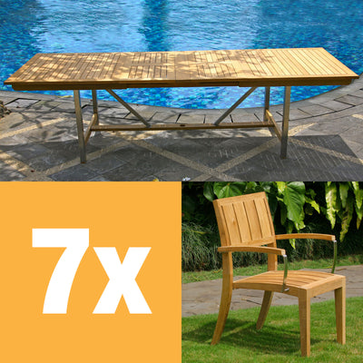 Nivelle extendable table set 280 consisting of Moselle double extendable table 280/235/190x100 teak with stainless steel frame and Nivelle stacking chairs with armrest teak with stainless steel