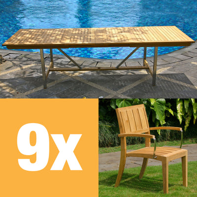 Nivelle extendable table set 280 consisting of Moselle double extendable table 280/235/190x100 teak with stainless steel frame and Nivelle stacking chairs with armrest teak with stainless steel