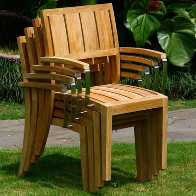 Nivelle extendable table set 220 consisting of Moselle extendable table 220/160 x 100 and Nivelle stacking chairs with armrest teak with stainless steel