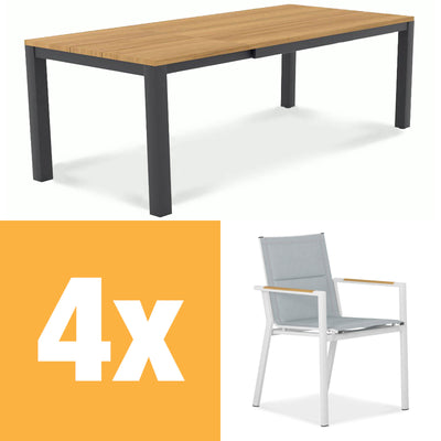 Planka Alu-Frontausziehtisch 230 Set bestehend aus Planka Alu-Frontausziehtisch 230/160 x 100 Teak Grade A gebürstet mit Aluminiumgestell und Gazelig Stapelstühlen aus Aluminium und Batyline