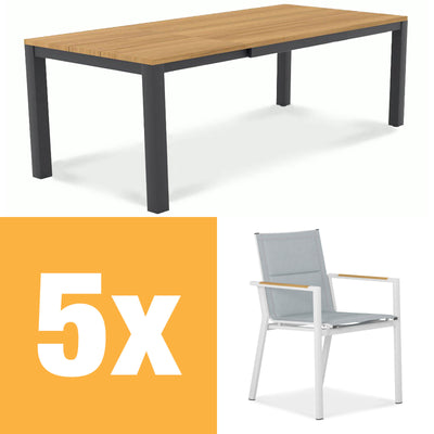 Planka Alu-Frontausziehtisch 230 Set bestehend aus Planka Alu-Frontausziehtisch 230/160 x 100 Teak Grade A gebürstet mit Aluminiumgestell und Gazelig Stapelstühlen aus Aluminium und Batyline