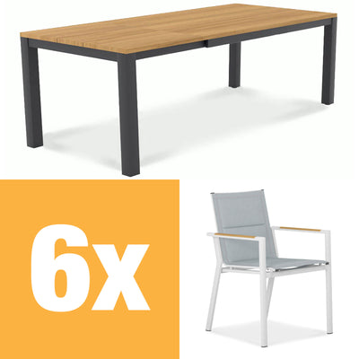 Planka Alu-Frontausziehtisch 230 Set bestehend aus Planka Alu-Frontausziehtisch 230/160 x 100 Teak Grade A gebürstet mit Aluminiumgestell und Gazelig Stapelstühlen aus Aluminium und Batyline
