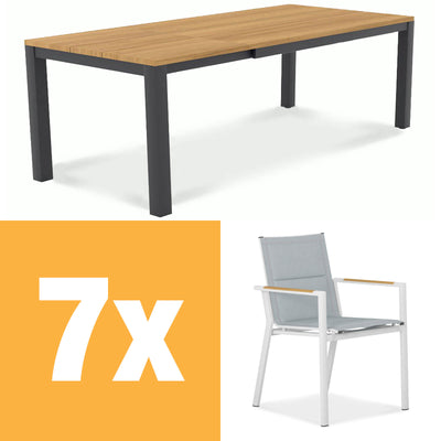 Planka Alu-Frontausziehtisch 230 Set bestehend aus Planka Alu-Frontausziehtisch 230/160 x 100 Teak Grade A gebürstet mit Aluminiumgestell und Gazelig Stapelstühlen aus Aluminium und Batyline