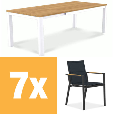 Planka Alu-Frontausziehtisch 230 Set bestehend aus Planka Alu-Frontausziehtisch 230/160 x 100 Teak Grade A gebürstet mit Aluminiumgestell und Gazelig Stapelstühlen aus Aluminium und Batyline