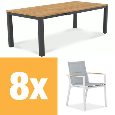 Planka Alu-Frontausziehtisch 230 Set bestehend aus Planka Alu-Frontausziehtisch 230/160 x 100 Teak Grade A gebürstet mit Aluminiumgestell und Gazelig Stapelstühlen aus Aluminium und Batyline