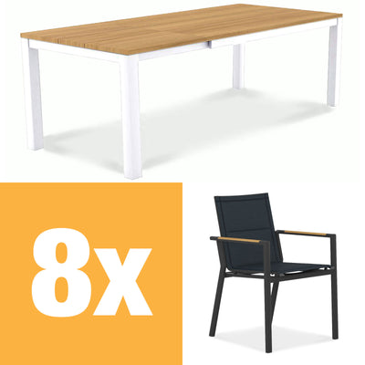 Planka Alu-Frontausziehtisch 230 Set bestehend aus Planka Alu-Frontausziehtisch 230/160 x 100 Teak Grade A gebürstet mit Aluminiumgestell und Gazelig Stapelstühlen aus Aluminium und Batyline