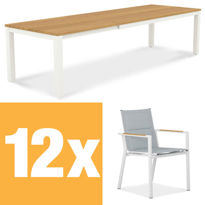 Planka Alu-Frontausziehtisch 310 Set bestehend aus Planka Alu-Frontausziehtisch 310/210 x 100 Teak Grade A gebürstet mit Aluminiumgestell und Gazelig Stapelstühlen aus Aluminium und Batyline